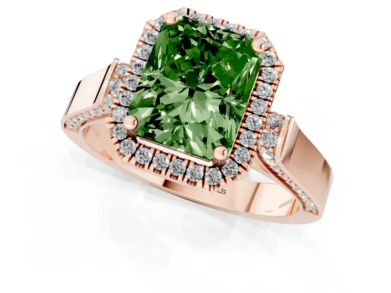 Radiant Cut Halo Engagement Ring Setting for a Fancy Green Lab-Grown Diamond | Pavé Panel Shoulders | Rose Gold