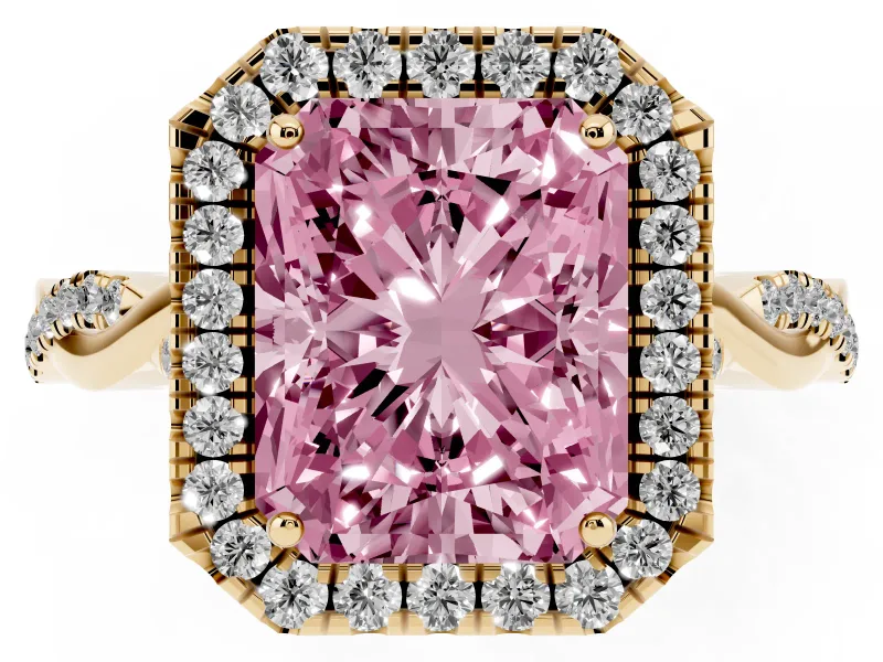 Radiant Cut Twist Halo Engagement Ring Setting for a Fancy Pink Lab-Grown Diamond | Yellow Gold