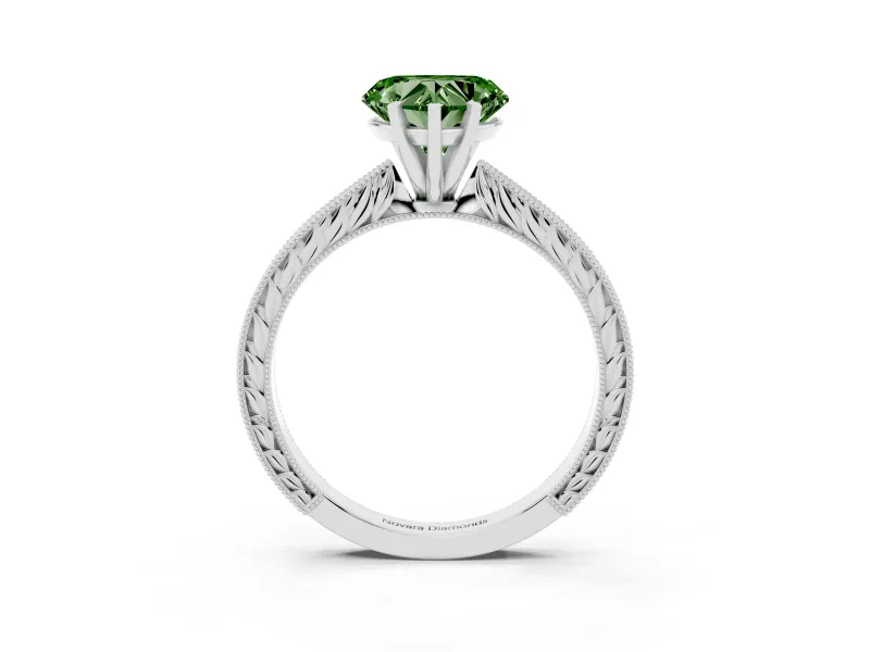 Fancy Green Heart Cut Diamond Solitaire Milgrain Engraved Band Set in Silver with Prong Setting