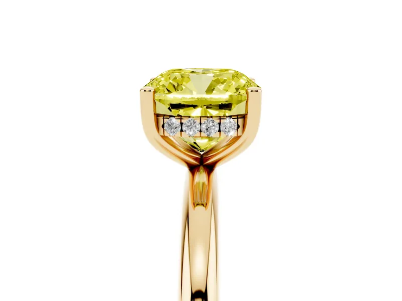 Fancy Yellow Cushion Cut Diamond Solitaire Engagement Ring Set in Yellow gold with Prong Setting and Polished Band