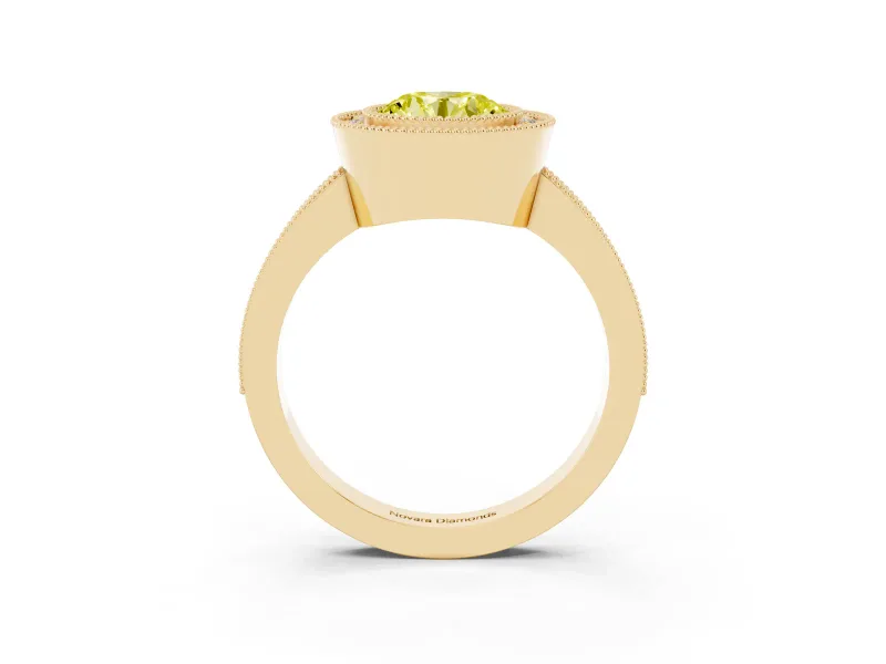 Fancy Yellow Round Cut Diamond Halo Engagement Ring Set in Yellow gold with Pavé Band and Round Halo Stones