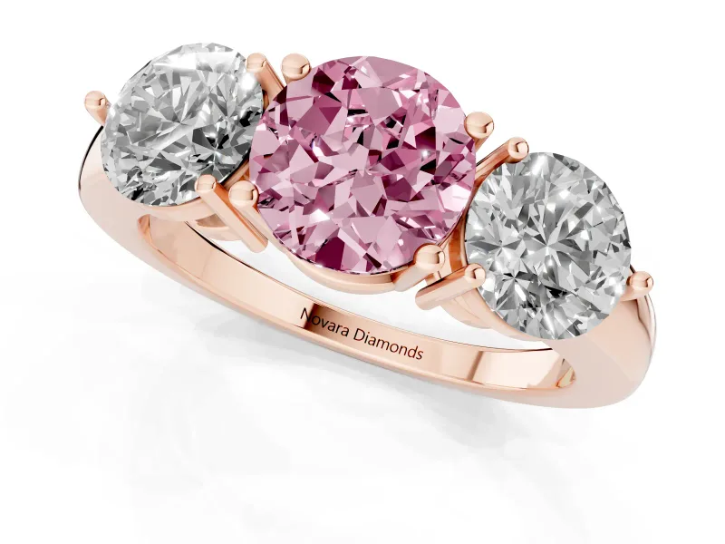 Round Three Stone Engagement Ring Setting for a Fancy Pink Lab-Grown Diamond | Large Round Side Stones | Rose Gold