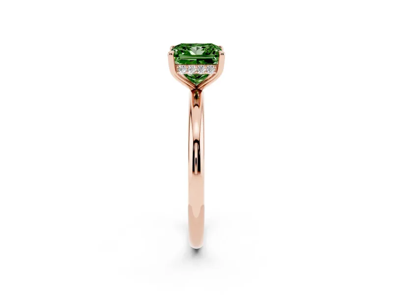 Fancy Green Princess Cut Diamond Solitaire Ring Set in Rose gold with Thin Band and Prong Setting