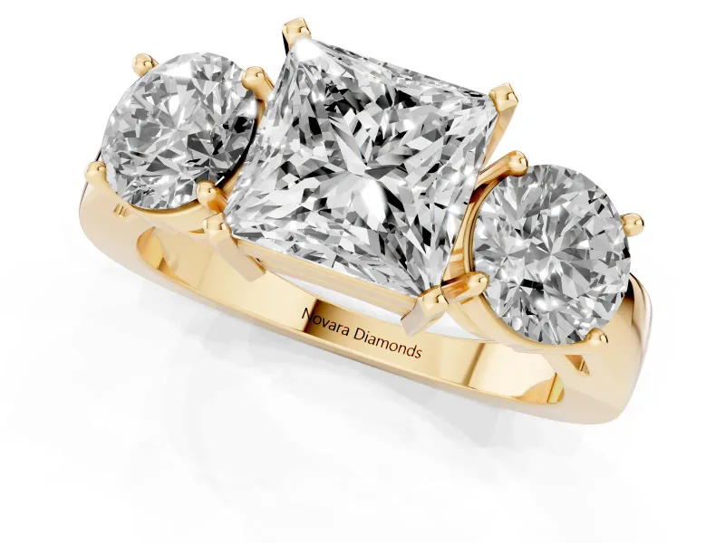 Princess Cut Three Stone Engagement Ring Setting | Wide Plain Band | Yellow Gold