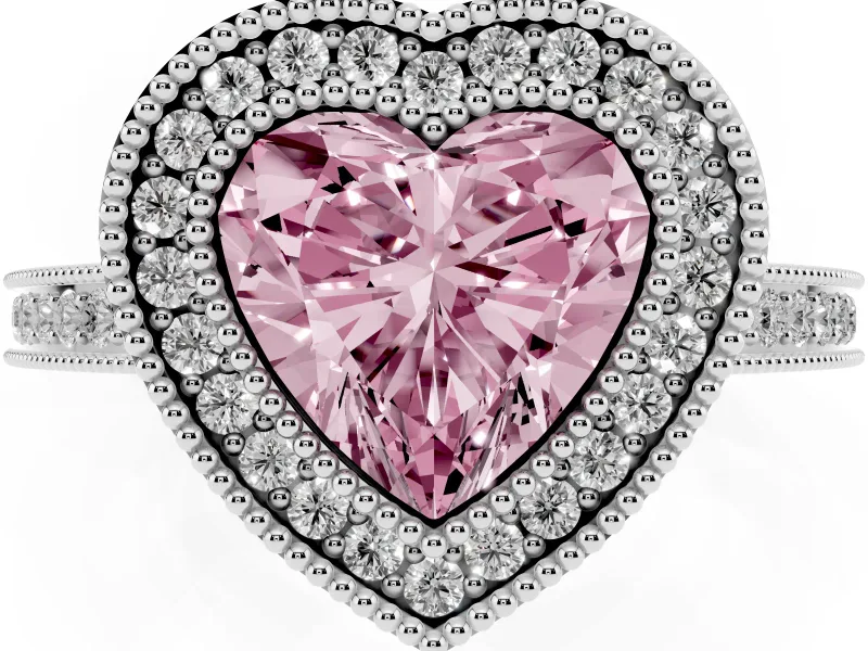 Fancy Pink Heart Cut Diamond Halo Ring Set in Platinum with Pavé Band and Milgrain-Edged Prongs