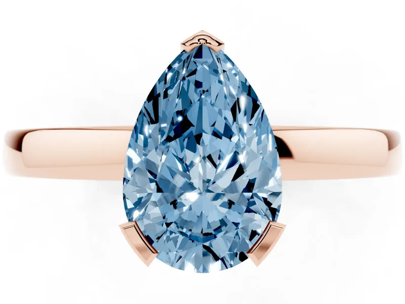 Fancy Blue Pear Cut Diamond Solitaire Ring Set in Rose gold with Prong Head and Smooth Polished Band