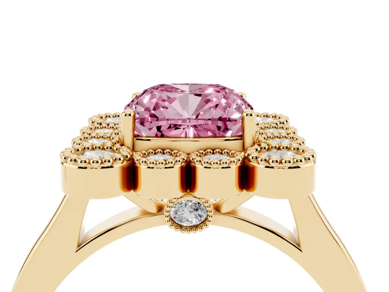 Cushion Cut Milgrain Cluster Halo Engagement Ring Setting for a Fancy Pink Lab-Grown Diamond | Plain Band | Yellow Gold