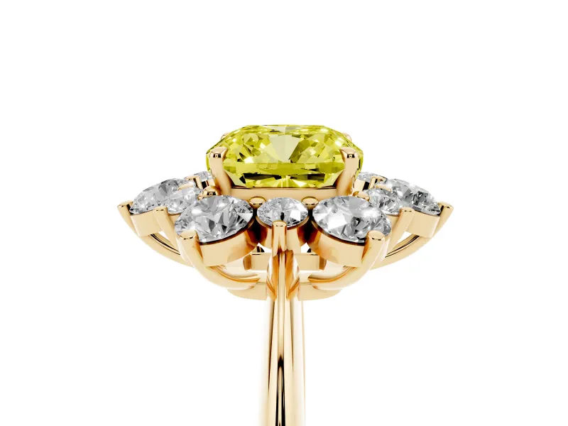 Cushion Cut Cluster Halo Engagement Ring Setting for a Fancy Yellow Lab-Grown Diamond | Yellow Gold