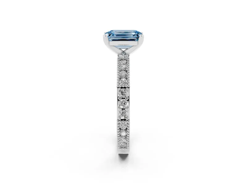 Fancy Blue Emerald Cut Diamond Solitaire Ring Set in White gold with Slim Pavé Band and Prong Setting