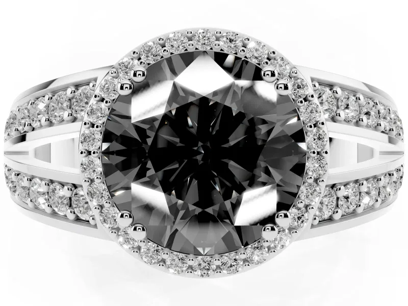 Round Halo Engagement Ring Setting for a Black Center | Two-Row Pavé Split Shank | White Gold