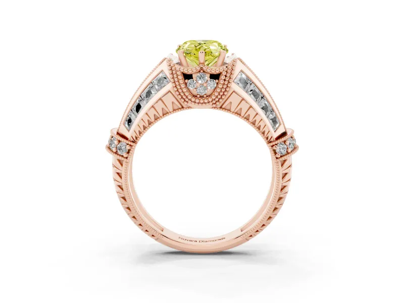Fancy Yellow Pear Cut Diamond Vintage-Inspired Milgrain Ring Set in Rose gold with Accent Split Shank