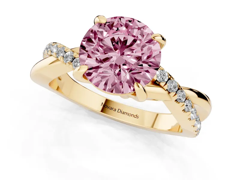 Fancy Pink Round Cut Diamond Twist Band Solitaire Set in Yellow gold with Pavé Accents and Prong Setting