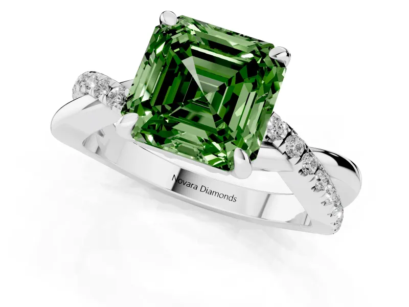 Fancy Green Asscher Cut Diamond Twist Band Solitaire Set in Platinum with Pavé Accents and Prong Setting