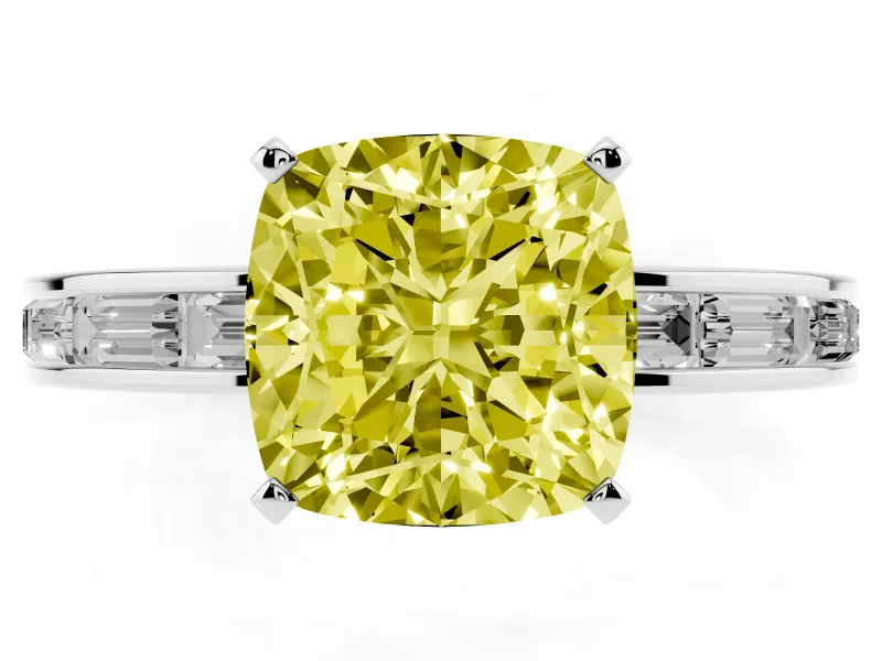 Fancy Yellow Cushion Cut Diamond Solitaire Ring Set in Platinum with Channel-Set Baguette Band and Prong Setting