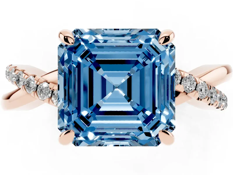 Fancy Blue Asscher Cut Diamond Twist Band Solitaire Set in Rose gold with Pavé Accents and Prong Setting