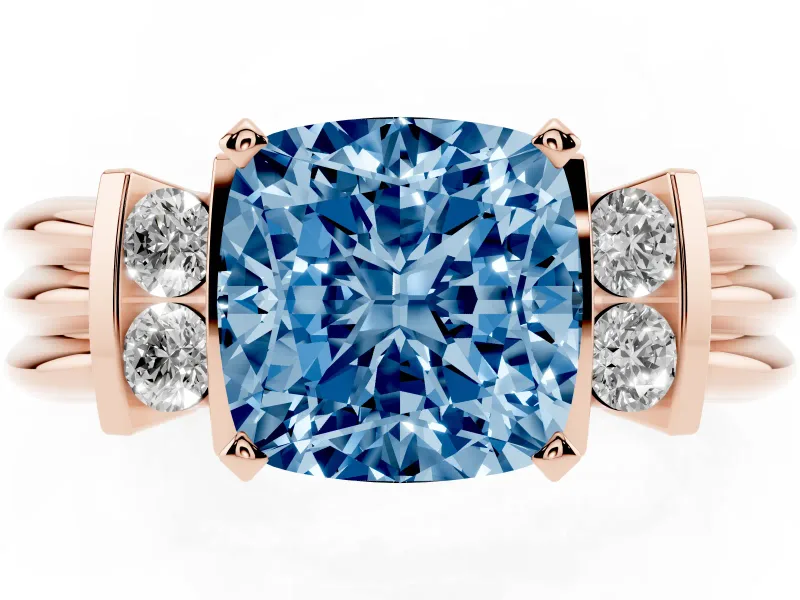 Fancy Blue Three-Stone Cushion Cut Diamond Channel Set Ring Set in Rose gold with Bar Prongs