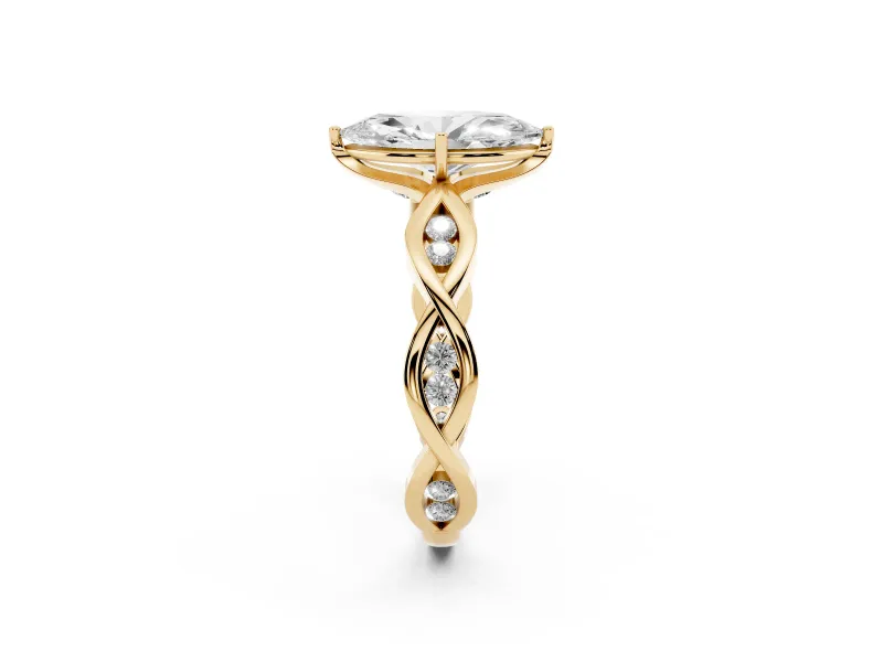 Marquise Cut Diamond Twist Band Solitaire Ring Set in Yellow gold with Leaf Prong Setting and Accent Stones