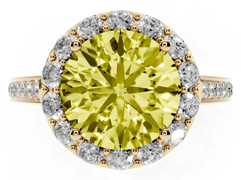 Fancy Yellow Round Cut Diamond Floral Halo Ring Set in Yellow gold with Pavé Band and Prong Setting