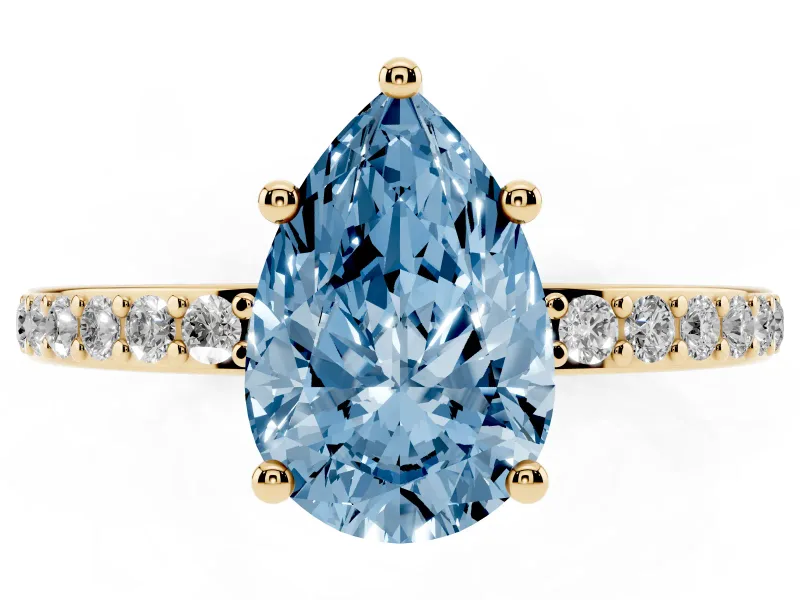 Fancy Blue Pear Cut Diamond Pavé Band Ring Set in Yellow gold with Prong-Set Center Stone