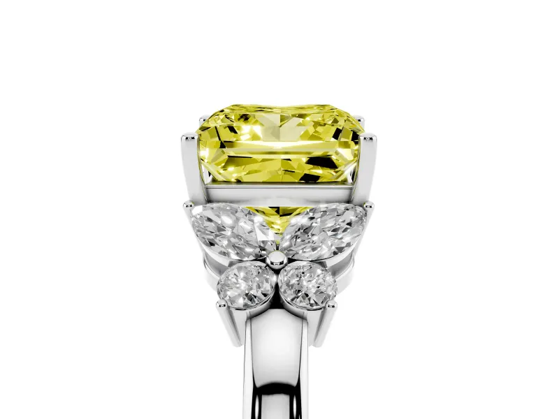 Fancy Yellow Princess Cut Diamond Solitaire Floral Ring Set in Silver with Marquise Petals and Prong Setting