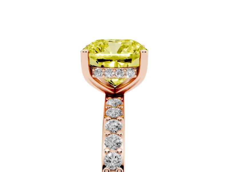 Fancy Yellow Cushion Cut Diamond Pavé Band Ring Set in Rose gold with Prong-Set Center Stone