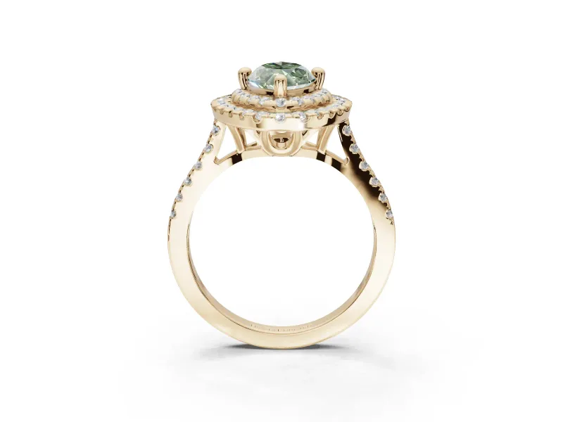 Marquise Double Halo Engagement Ring Setting for a Fancy Green Lab-Grown Diamond | Pave Shoulders | Yellow Gold