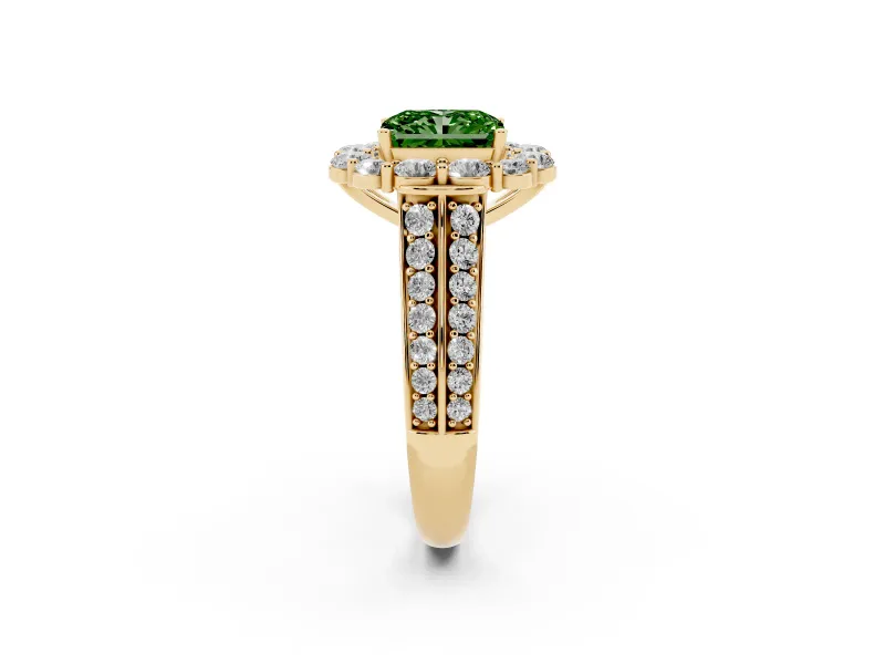 Fancy Green Radiant Cut Diamond Halo Engagement Ring Set in Yellow gold with Split Shank and Prong Setting