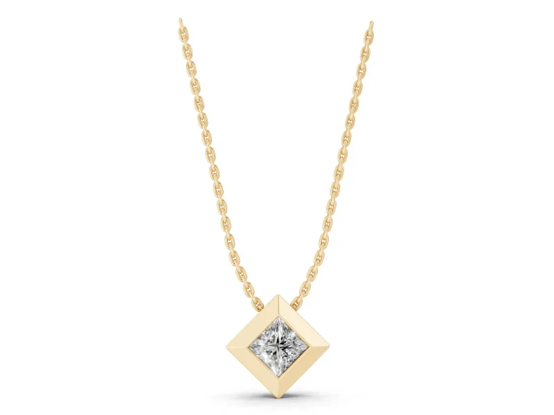 Princess Cut Lab-Grown Diamond Bezel Solitaire Pendant Necklace | Beveled Frame | Yellow Gold