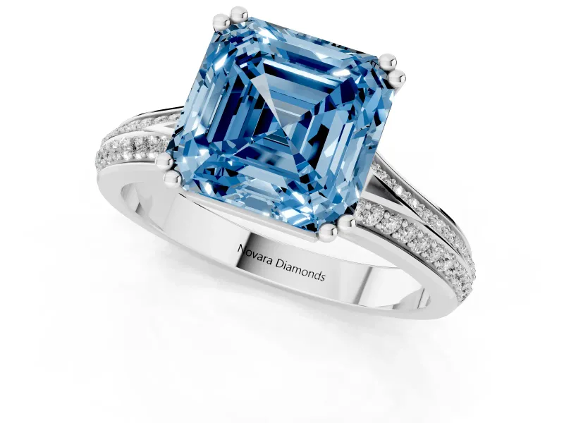 Asscher Cut Pave Split Shank Engagement Ring Setting for a Fancy Blue Lab-Grown Diamond | Double Claw Prongs | Platinum