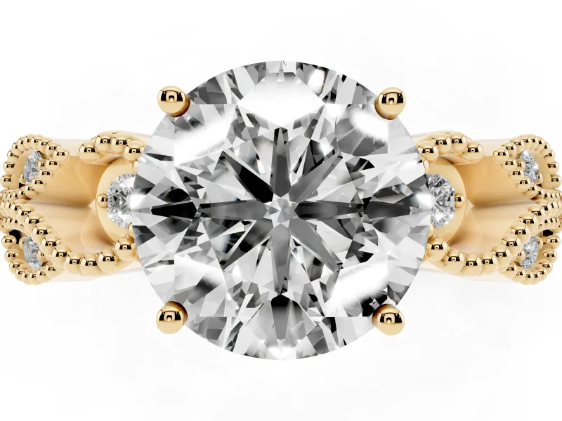 Round Cut Diamond Milgrain Leaf Band Solitaire Ring Set in Yellow gold with Accent Stones and Prong Setting