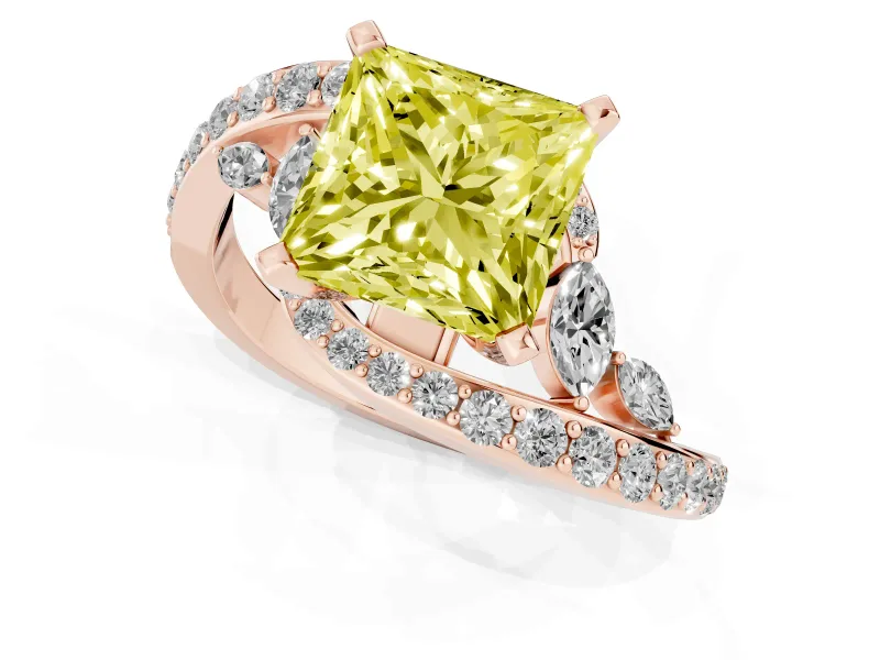 Fancy Yellow Princess Cut Diamond Solitaire Ring Set in Rose gold with Pavé Twist Band and Secure Prong Setting