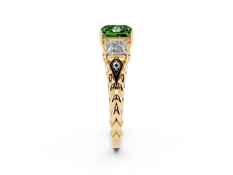 Fancy Green Princess Cut Diamond Three-Stone Ring Set in Yellow gold with Braided Band