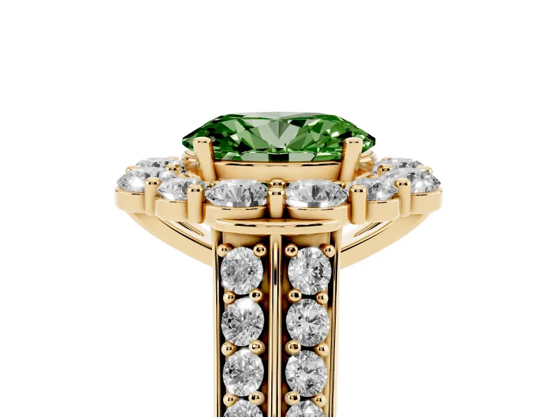 Fancy Green Oval Cut Diamond Halo Engagement Ring Set in Yellow gold with Split Shank and Prong Setting