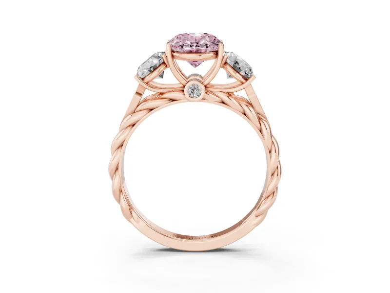 Fancy Pink Oval Cut Diamond Three-Stone Ring Set in Rose gold with Braided Band