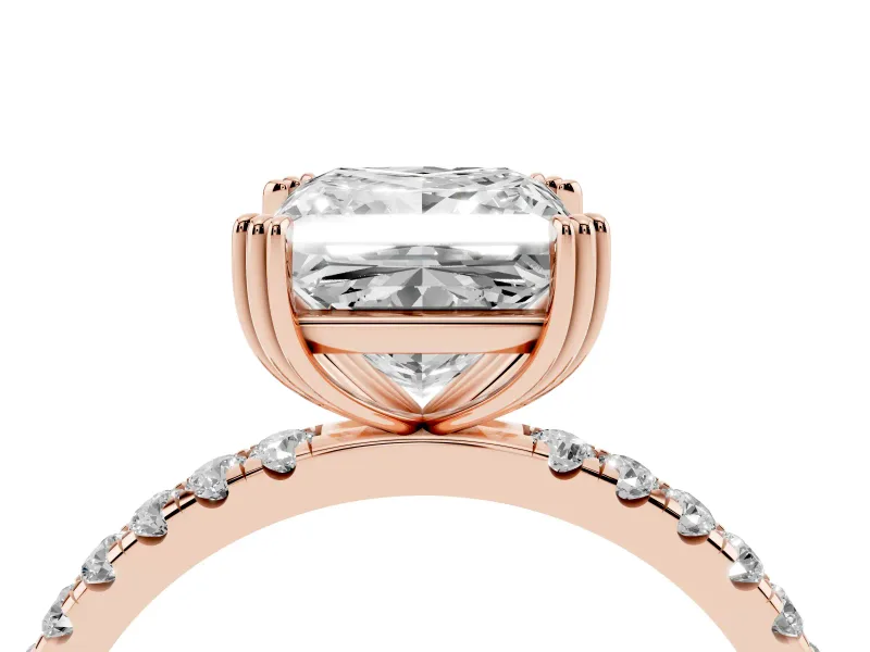 Princess Cut Pave Solitaire Engagement Ring Setting | Double Claw Prongs | Rose Gold