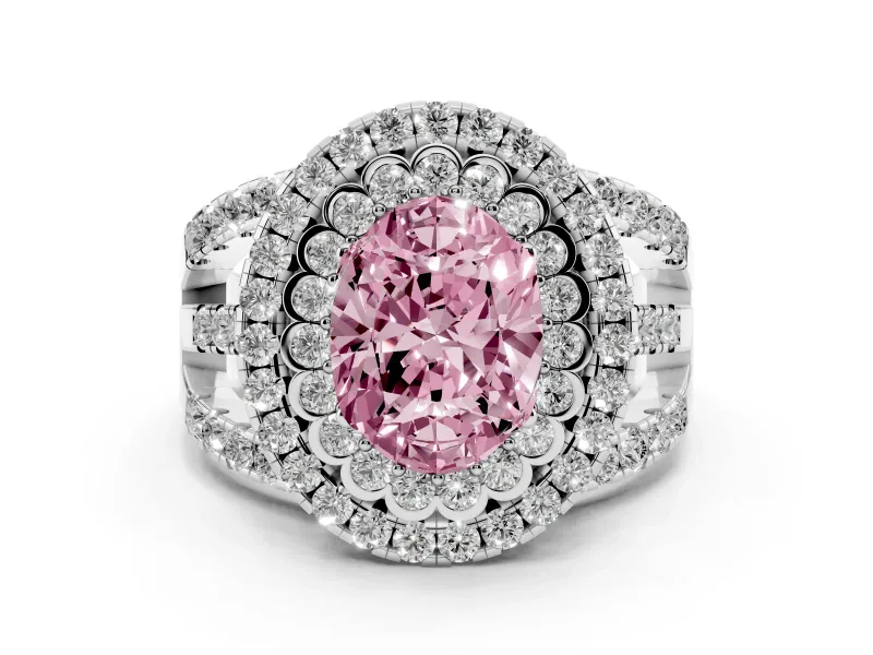 Fancy Pink Oval Cut Diamond Double Halo Ring Set in Silver with Round Pavé Split Shank
