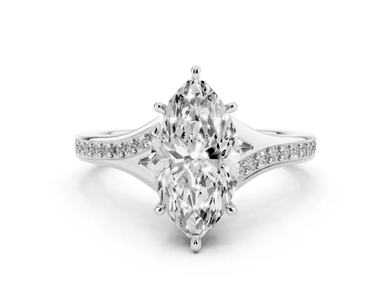 Marquise Cut Diamond Solitaire Ring Set in White gold with Pavé Accent Band and Classic Prong Setting