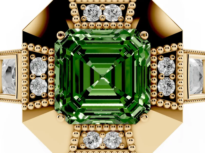 Fancy Green Asscher Cut Diamond Milgrain Halo Ring Set in Yellow gold with Split Shank