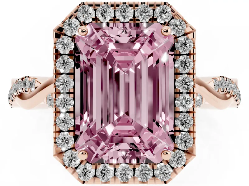 Emerald Cut Twist Halo Engagement Ring Setting for a Fancy Pink Lab-Grown Diamond | Rose Gold