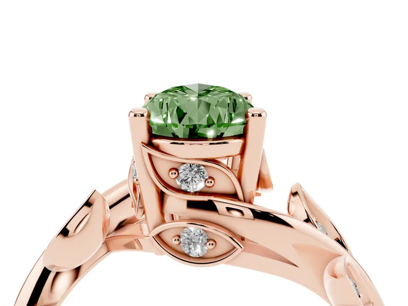 Fancy Green Pear Cut Diamond Solitaire Twist Engagement Ring Set in Rose gold with Pavé Leaf Accents