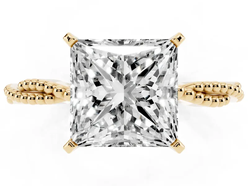 Princess Cut Twisted Solitaire Engagement Ring Setting | Beaded Twist Band | Yellow Gold