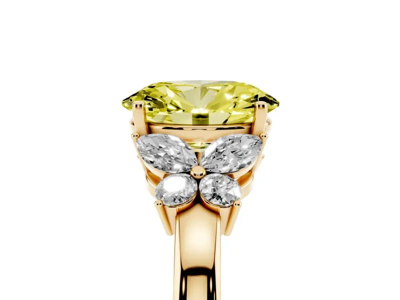 Fancy Yellow Oval Cut Diamond Solitaire Floral Ring Set in Yellow gold with Marquise Petals and Prong Setting