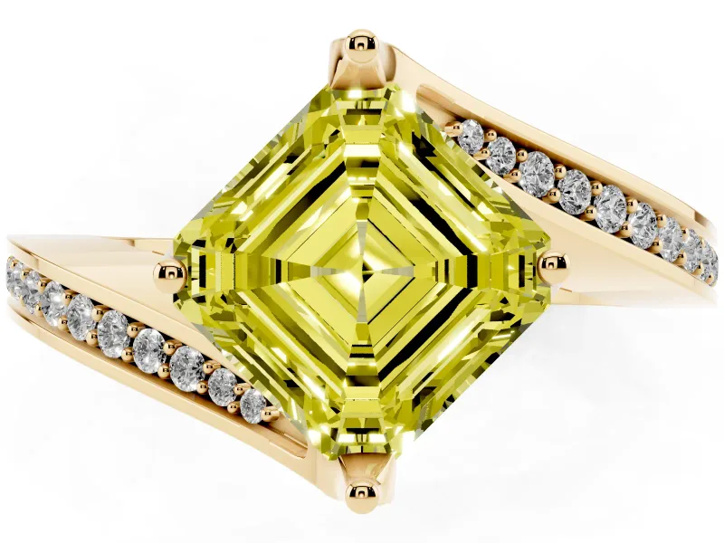 Asscher Cut Bypass Pavé Engagement Ring Setting for a Fancy Yellow Lab-Grown Diamond | Swept Shoulders | Yellow Gold