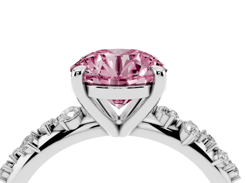 Fancy Pink Round Cut Diamond Solitaire Vine Band Ring Set in Platinum with Round Accents and Prong Setting