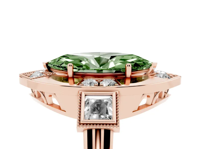 Fancy Green Marquise Cut Diamond Milgrain Halo Ring Set in Rose gold with Split Shank