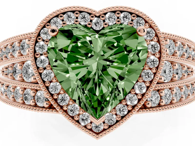 Fancy Green Heart Cut Diamond Halo Ring Set in Rose gold with Accent Split Shank and Prong Setting