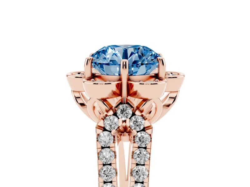 Round Petal Frame Floral Halo Engagement Ring Setting for a Fancy Blue Lab-Grown Diamond | Pavé Split Shank | Rose Gold