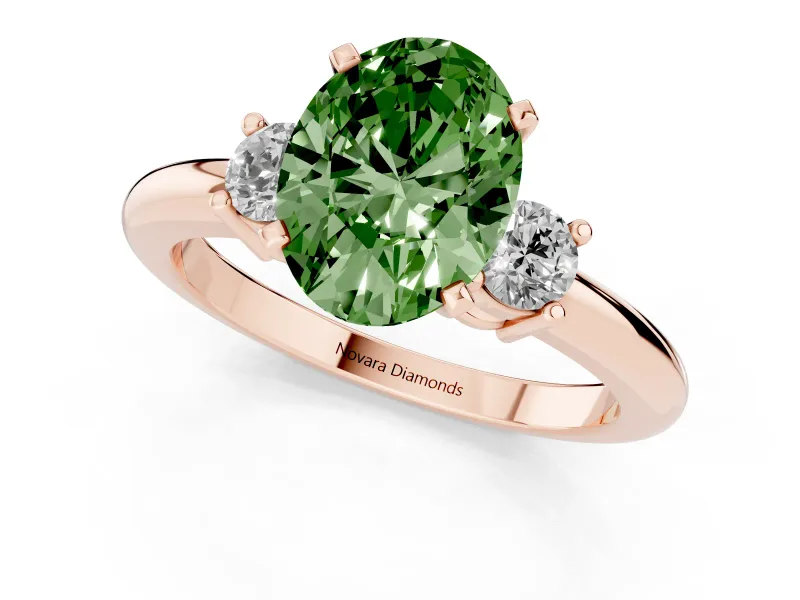 Oval Three Stone Engagement Ring Setting for a Fancy Green Lab-Grown Diamond | Round Side Stones | Rose Gold