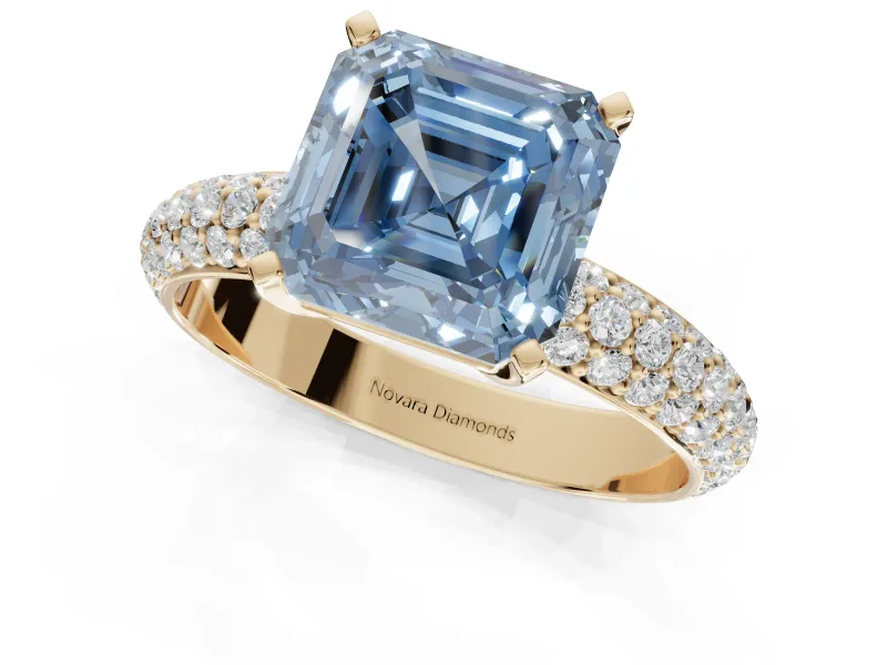 Asscher Cut Domed Pavé Engagement Ring Setting for a Fancy Blue Lab-Grown Diamond | Yellow Gold
