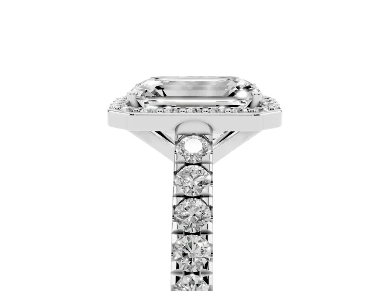 Emerald Cut Diamond Halo Engagement Ring Set in Silver with Pavé Band and Prong Setting